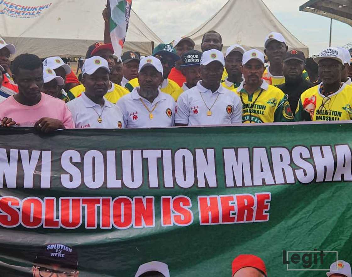 Ebonyi community leaders in Anambra holding banners as they endorse Soludo for a second term. Ebonyi community leaders in Anambra holding banners as they endorse Soludo for a second term.