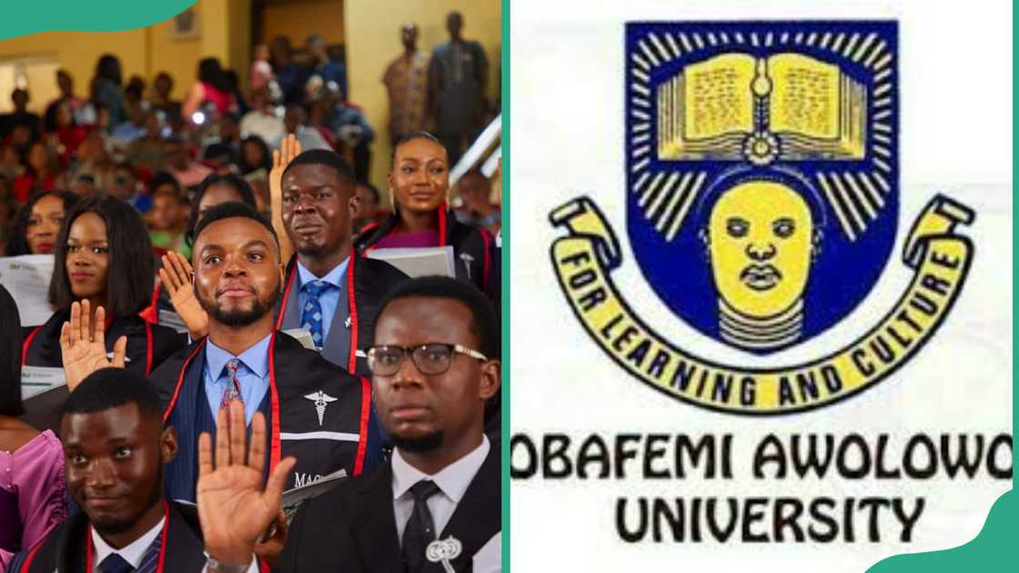 Obafemi Awolowo University graduates and logo Obafemi Awolowo University graduates and logo