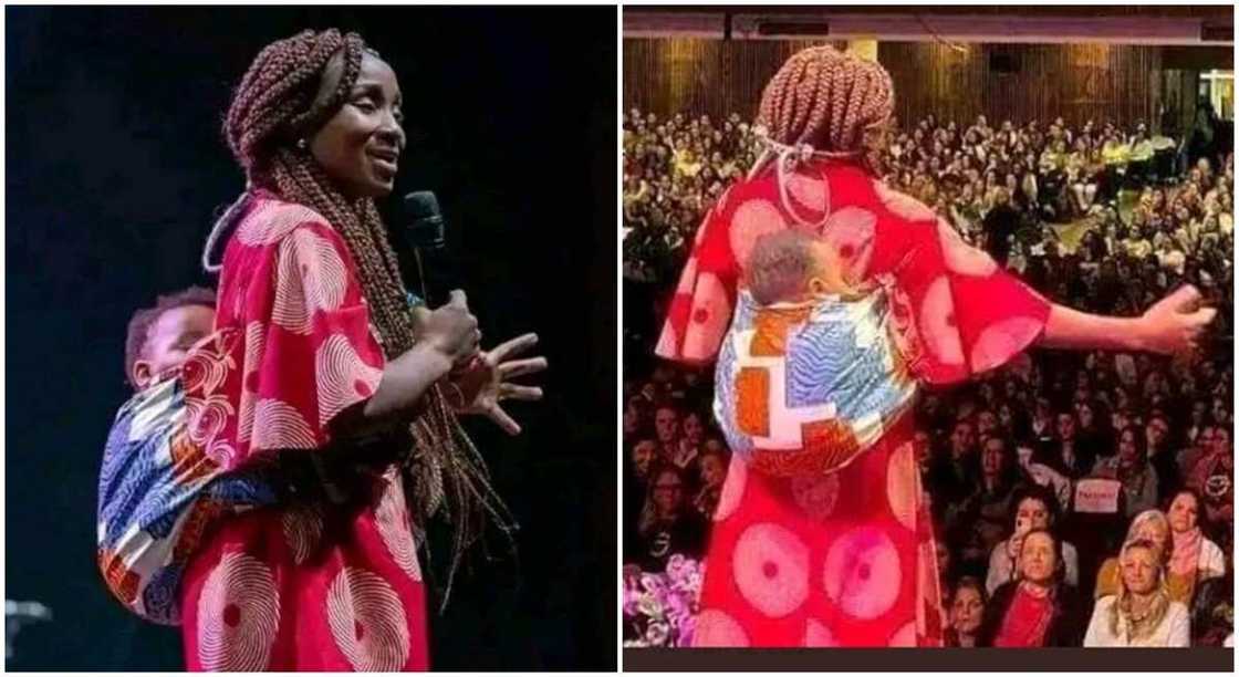 Photos of a mum preaching in church with a baby on her back. Photos of a mum preaching in church with a baby on her back.