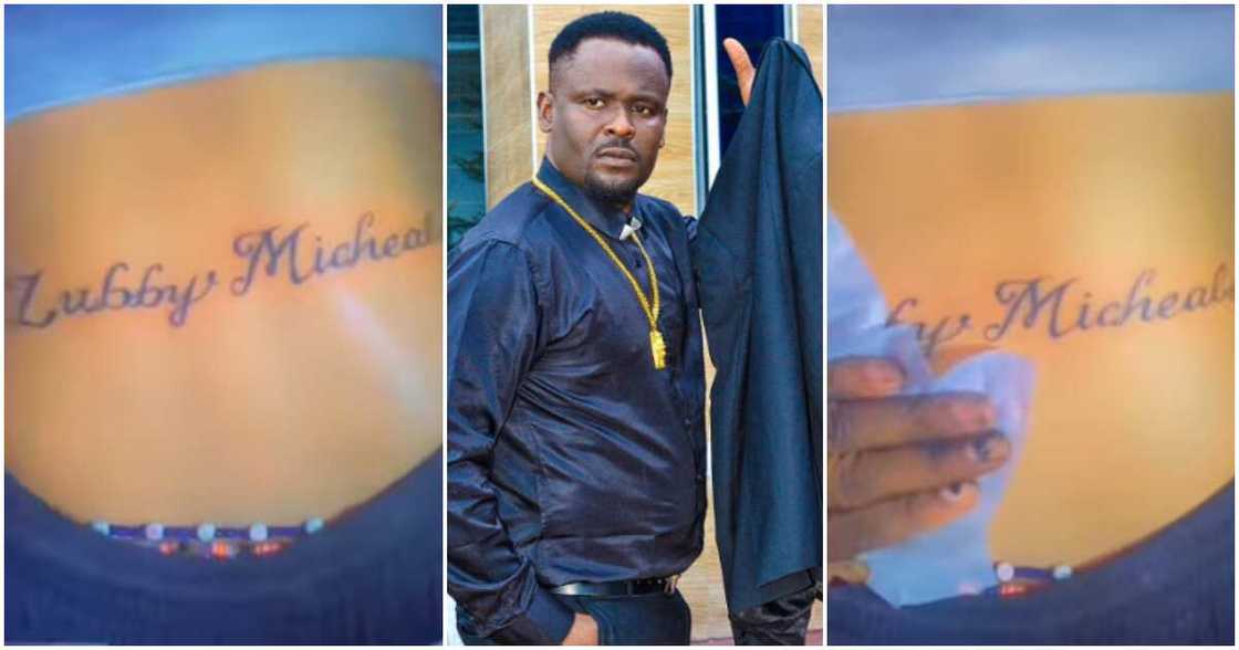 Zubby Michael, fan tattoos Zubby Michael's name on her waist. Zubby Michael, fan tattoos Zubby Michael's name on her waist.