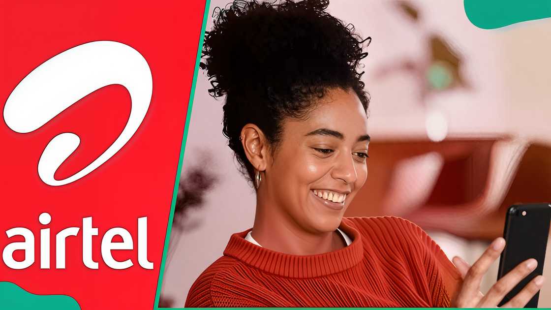 Airtel logo (L). A lady smiling as she uses her smartphone (R)