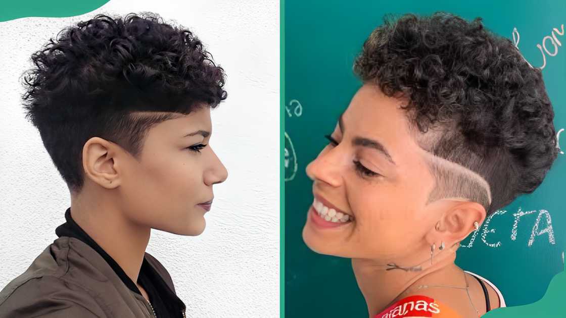 Curly pixie cut with shaved designs Curly pixie cut with shaved designs