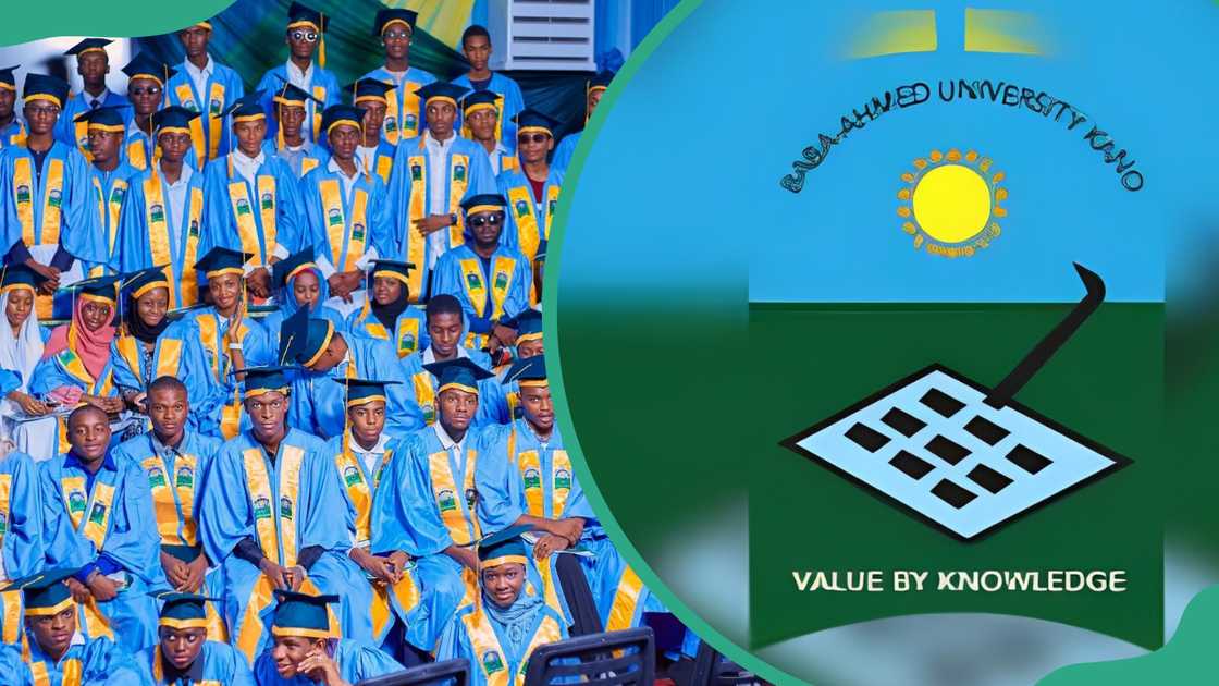 Baba-Ahmed University Kano graduating students (L) and The Baba-Ahmed University Kano logo (R)