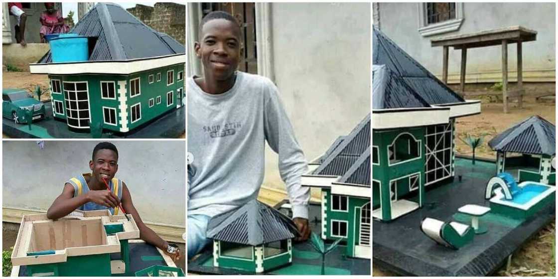 Young man makes great artwork of a furnished storey building with a car, bar and swimming pool in it Young man makes great artwork of a furnished storey building with a car, bar and swimming pool in it