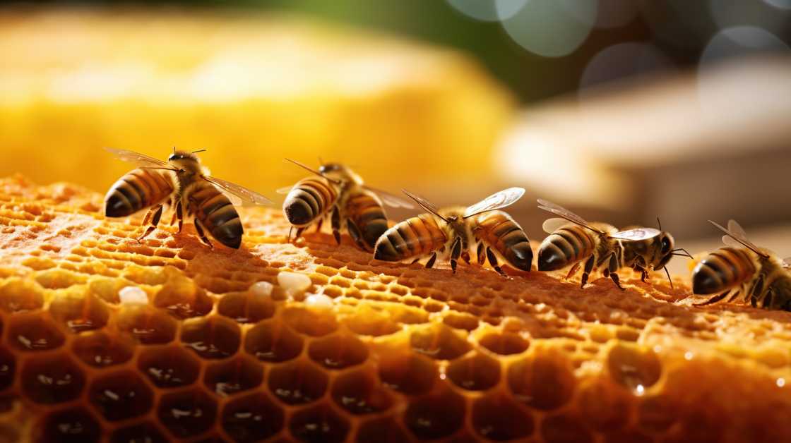 A close up of bees in a honeycomb