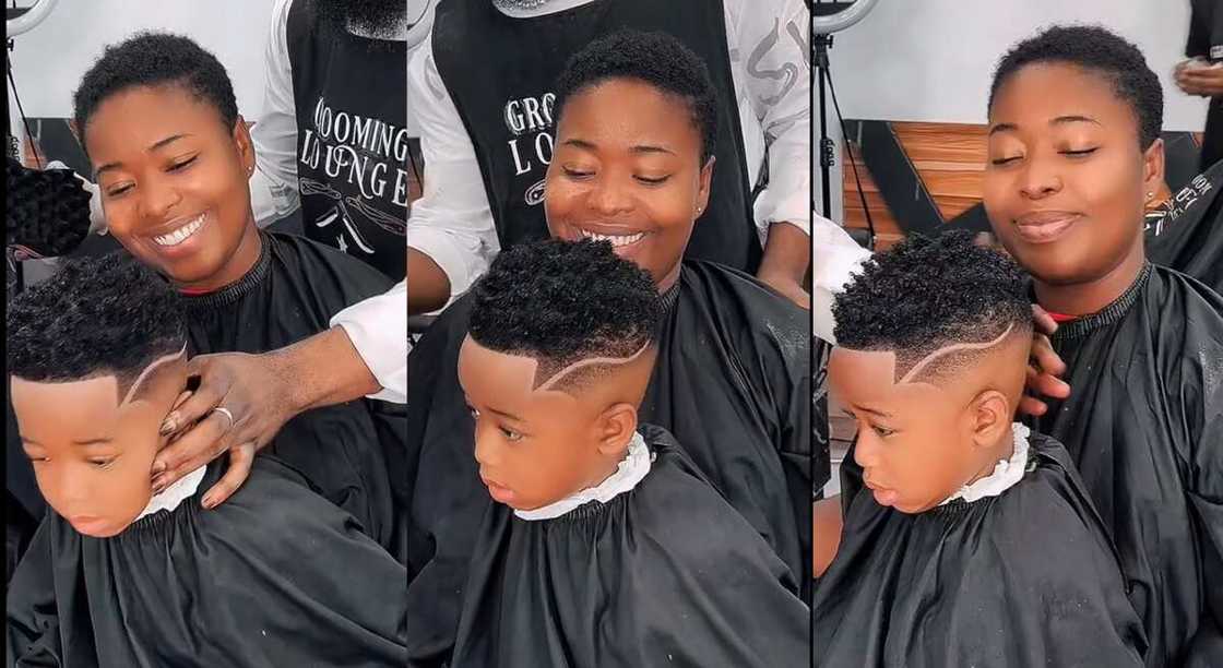 Photos of a child getting a haircut at a salon. Photos of a child getting a haircut at a salon.