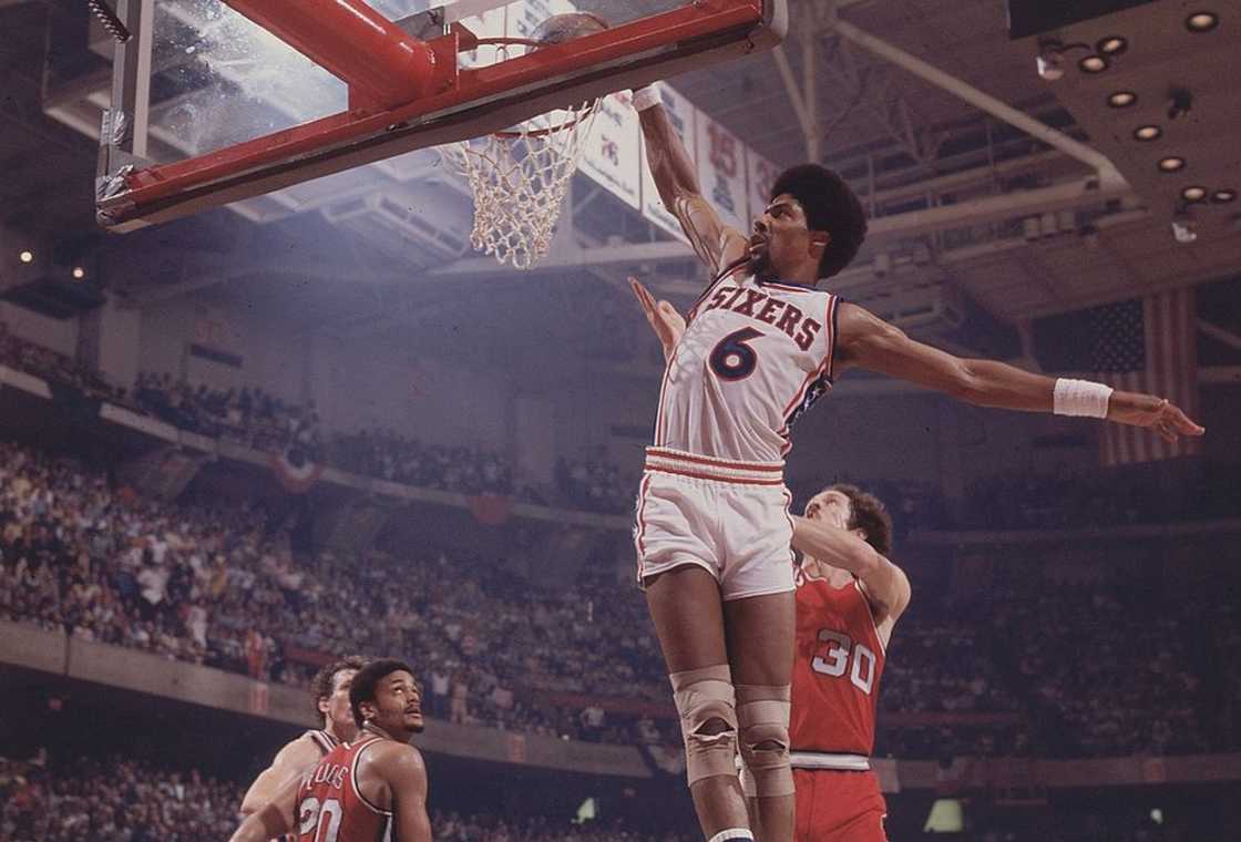 Julius Erving in action, making dunk vs Portland Trail Blazers