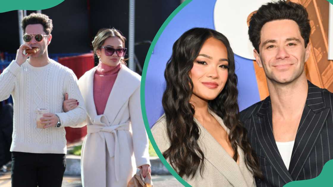 Jenn Tran and Sasha Farber seen in Los Angeles, California (L). The duo arrive at NBC's "Suits LA" Los Angeles Premiere in February 2025 (R)