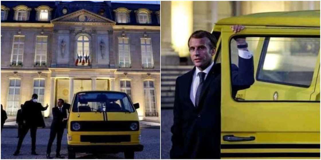 French president Emmanuel Macron posing with a danfo French president Emmanuel Macron posing with a danfo