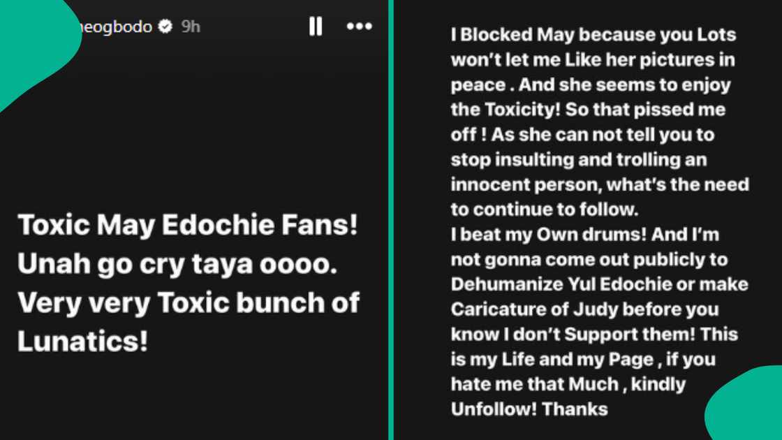 Uche Ogbodo blows hot online, calls May Edochie's fans toxic.