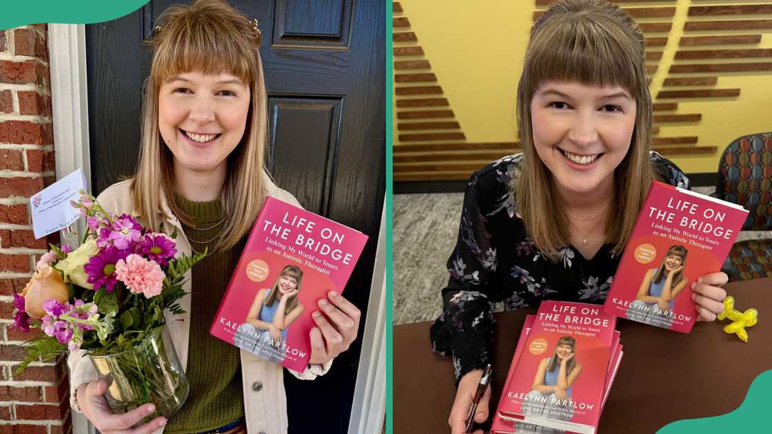 Kaelynn Partlow displays copies of her book