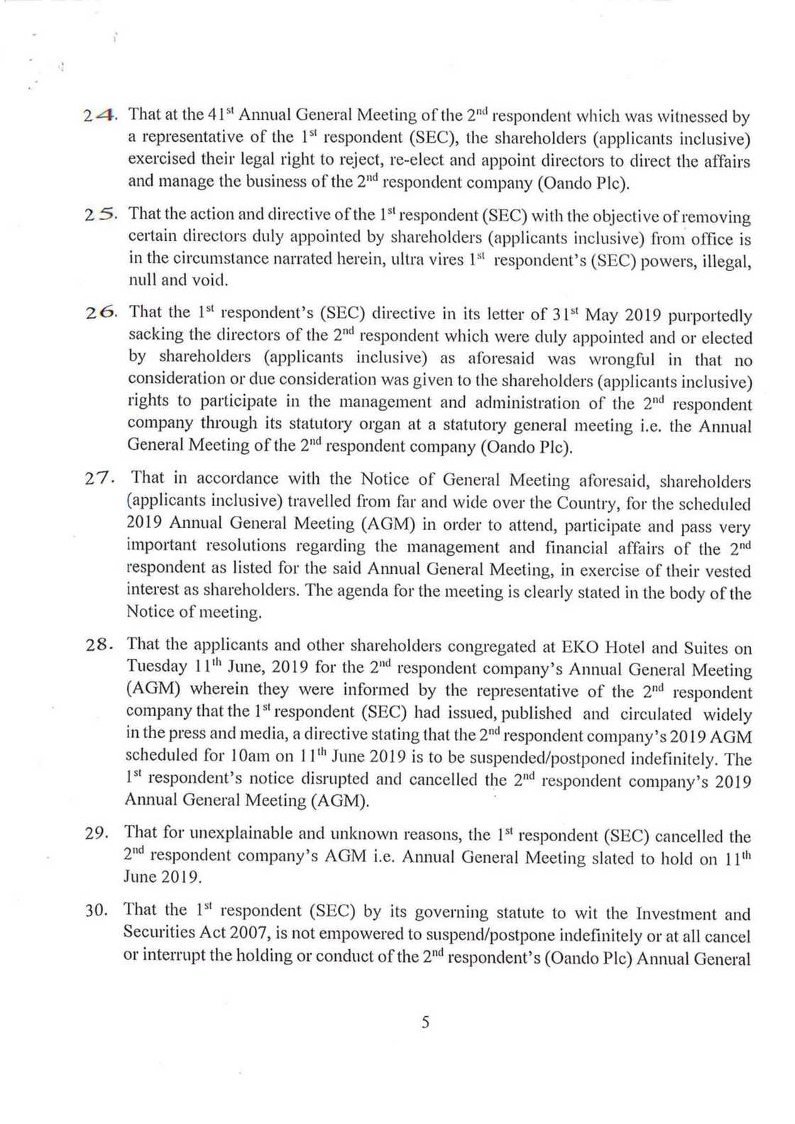 Oando shareholders have taken SEC to court to challenge penalties against Oando in May 31st letter