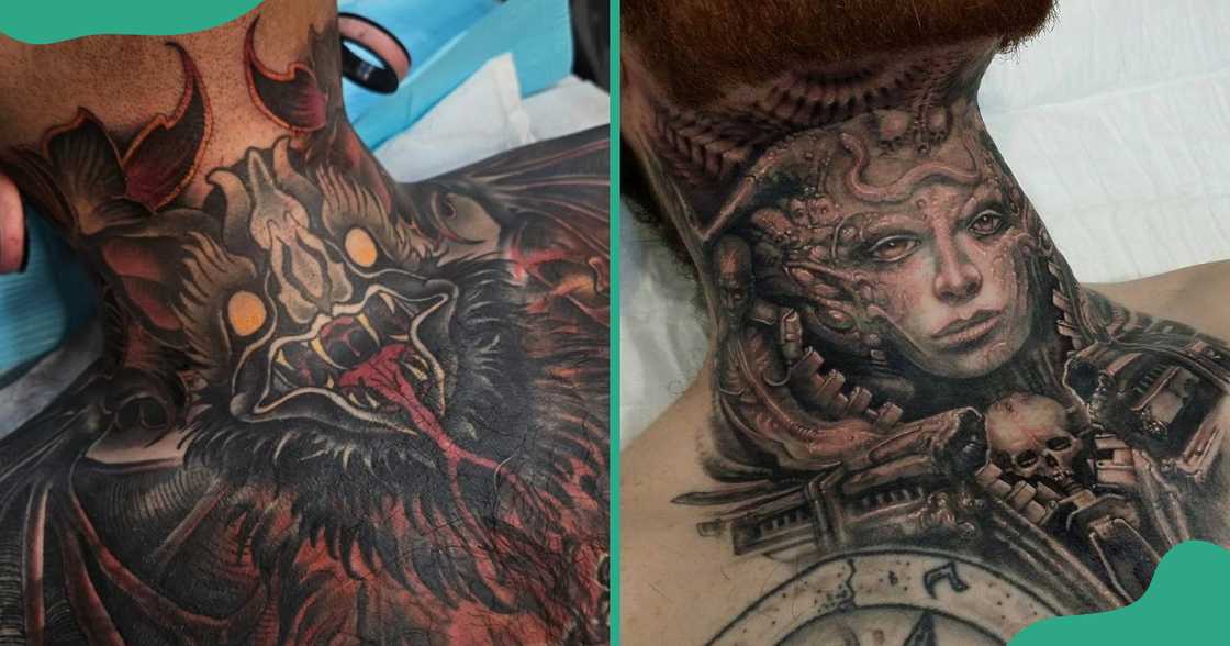 Opaque throat tattoos with a bat and an angel Opaque throat tattoos with a bat and an angel
