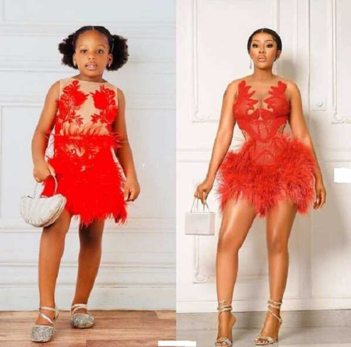 A photo collage of a little girl and Mercy Eke in similar outfits. A photo collage of a little girl and Mercy Eke in similar outfits.