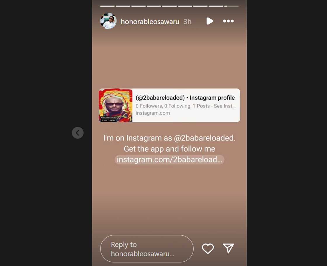Natasha Osawaru announces 2baba's new Instagram page. Natasha Osawaru announces 2baba's new Instagram page.