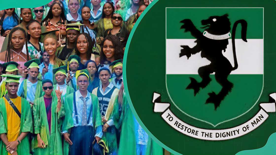 University of Nigeria, Nsukka students and the university logo University of Nigeria, Nsukka students and the university logo