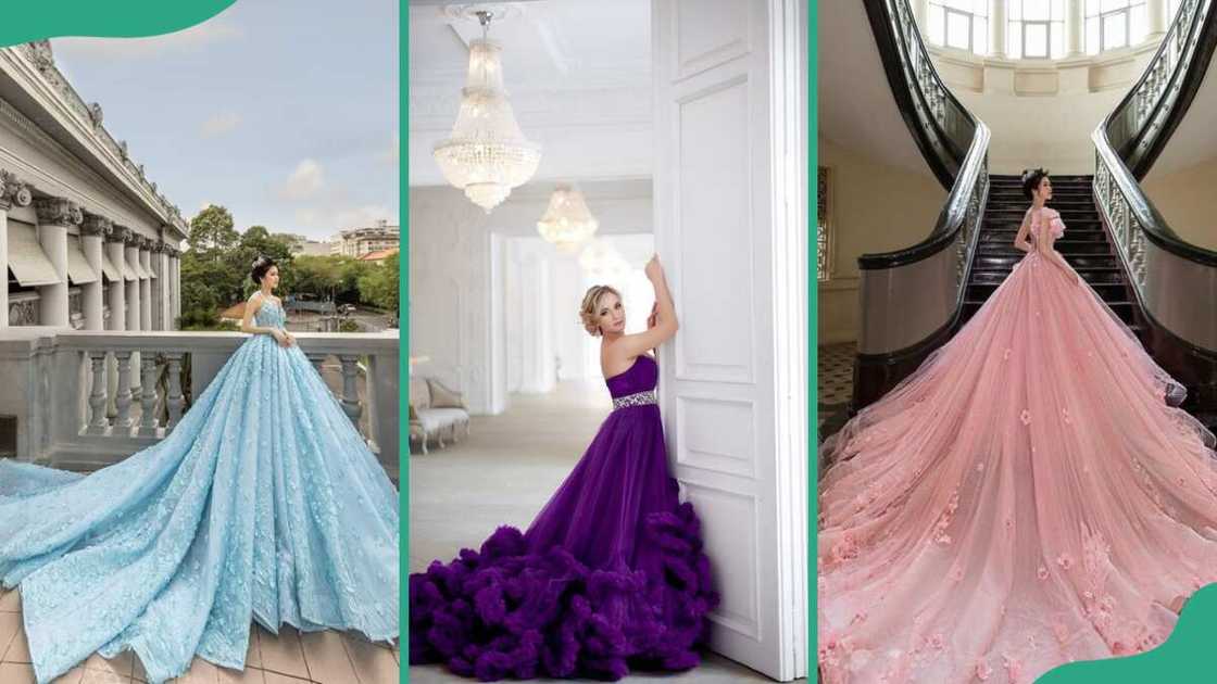 Light blue ball gown (L), purple ball gown (C), and peach ball gown (R) Light blue ball gown (L), purple ball gown (C), and peach ball gown (R)