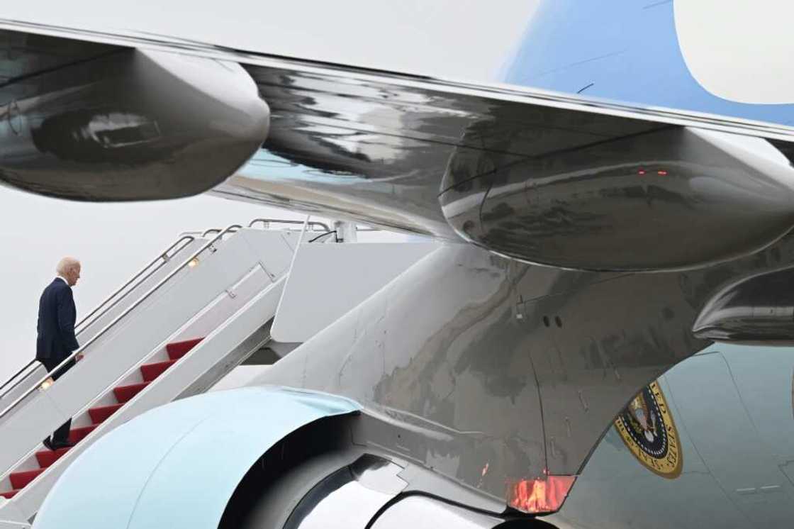 US President Joe Biden boards Air Force One to fly to California for an AUKUS summit with his British and Australian counterparts