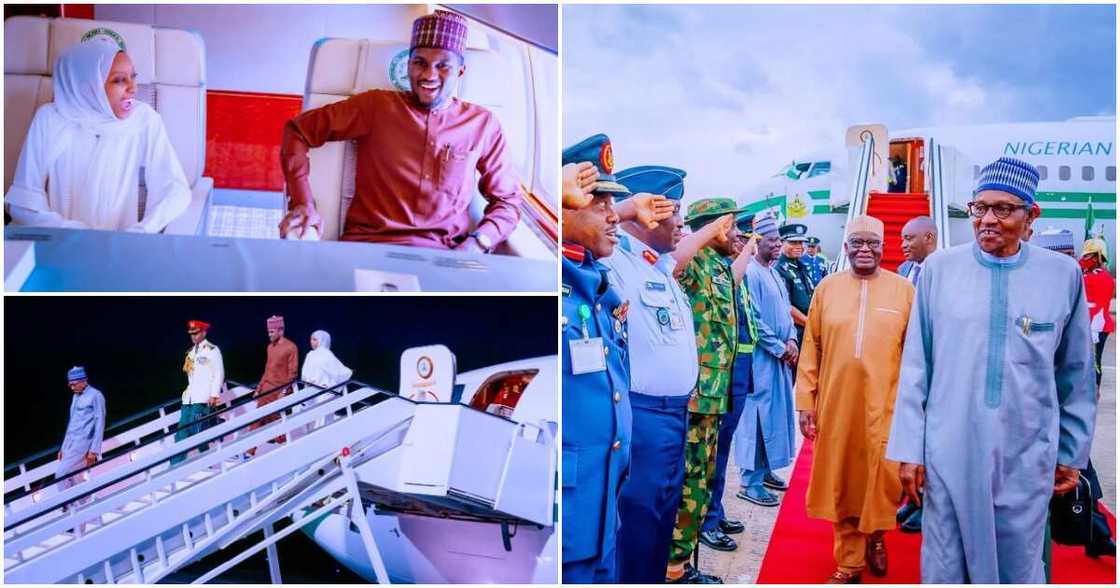 President Muhammadu Buhari, son, wife and aides, arrives in Abuja, the 77th Session of the United Nations General Assembly (UNGA), United States, New York