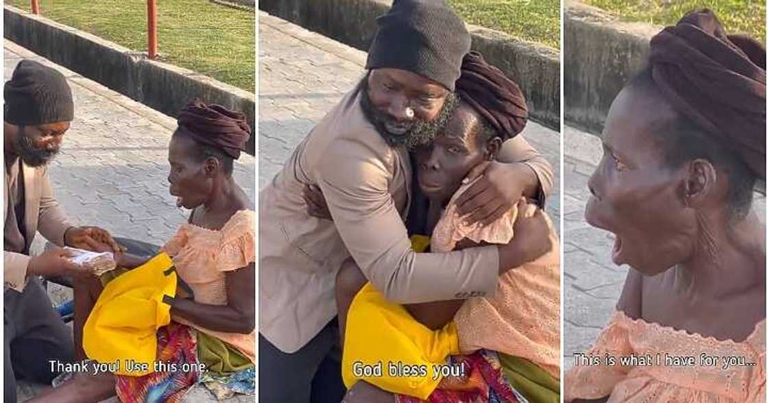 Man surprises old woman, cash, tears Man surprises old woman, cash, tears