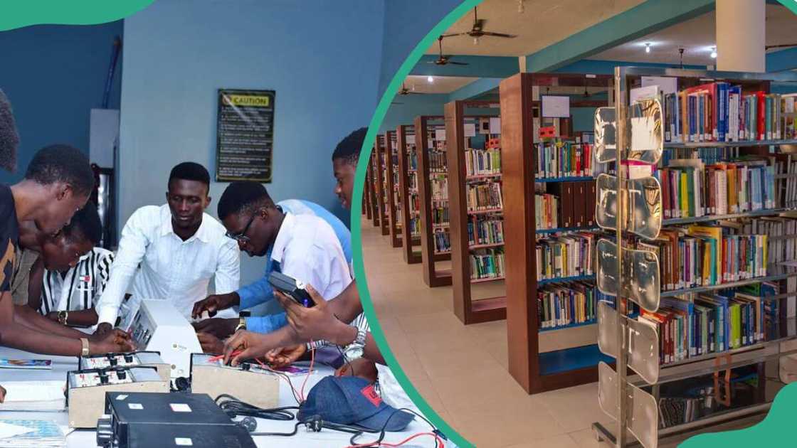 University library and Adeleke University students doing a practical