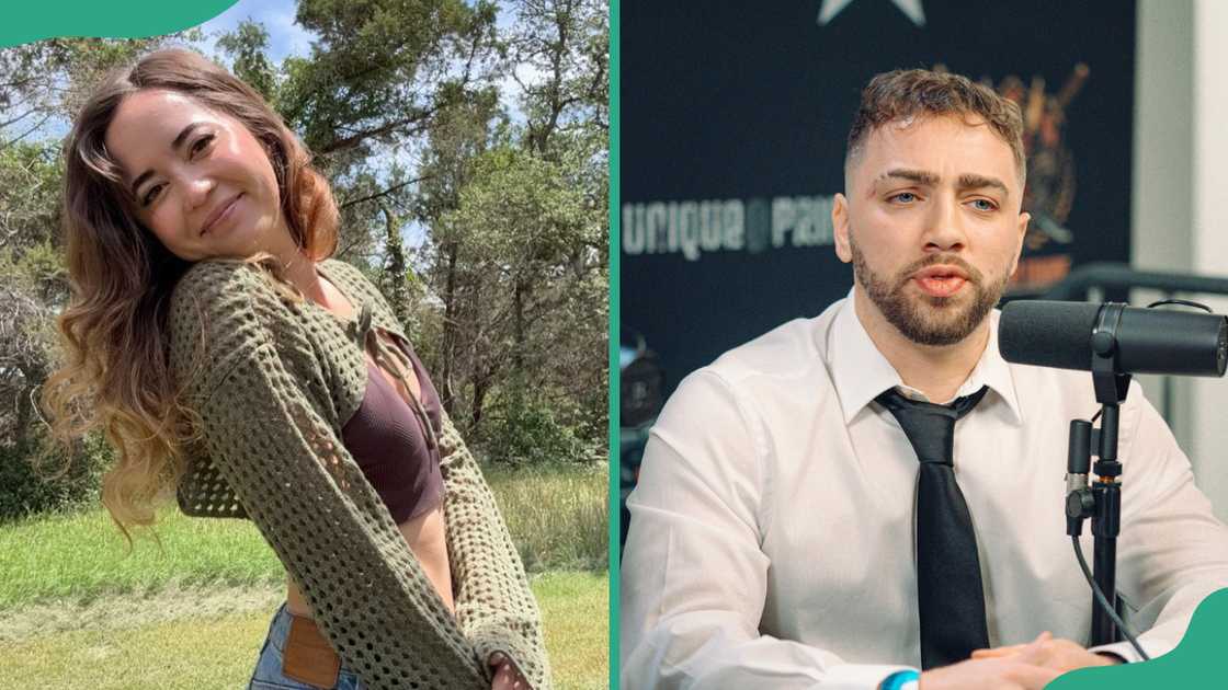 Maya Higa in an outdoor setting and Mizkif during a podcast