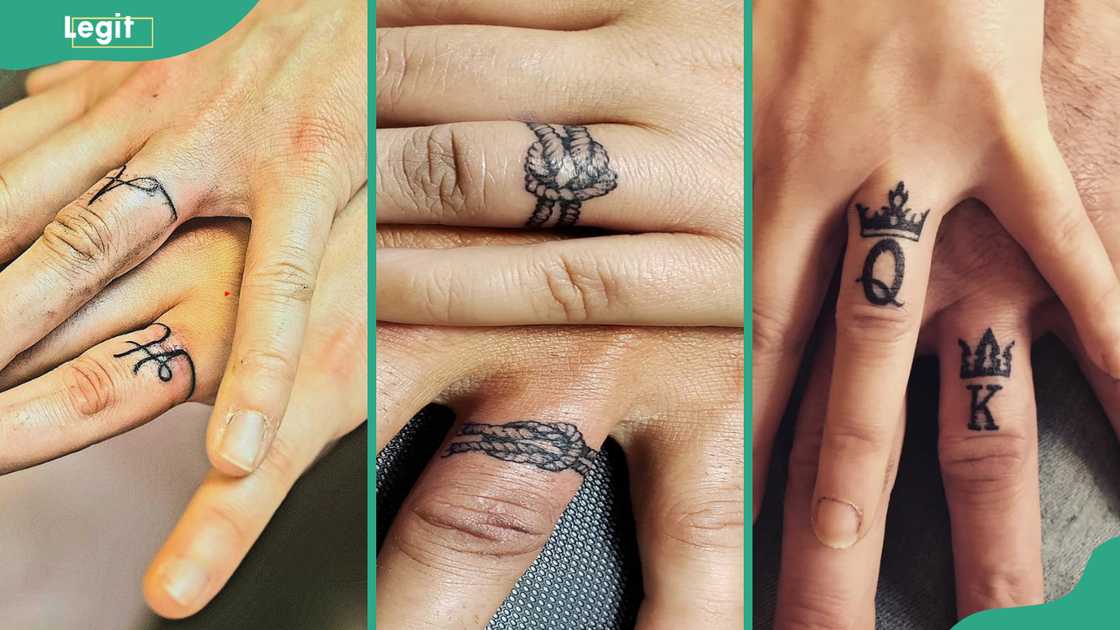 Matching initials ring tattoo (L). Tie the knot tattoo (C). King and queen ring tattoo (R). Matching initials ring tattoo (L). Tie the knot tattoo (C). King and queen ring tattoo (R).