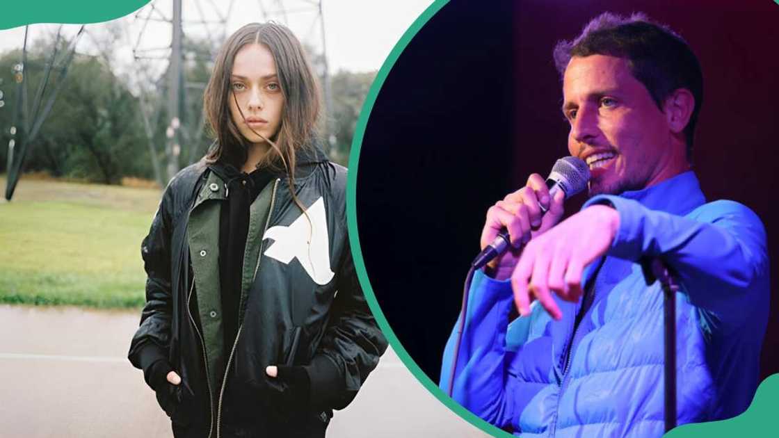 Charlotte Jane posing along the street (L). Tony Hinchcliffe performing onstage at A Night at The Comedy Store Stand Up Showcase-2nd Show (R)