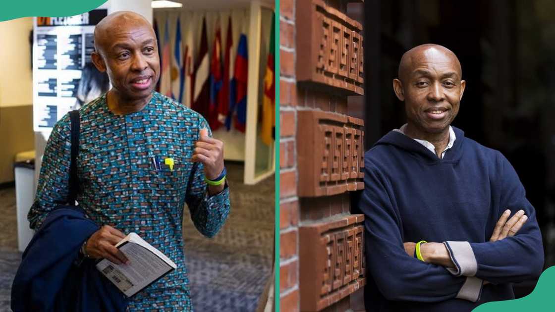 Chidi Odinkalu speaks to colleagues at an event (L). The human rights lawyer smiles as he leans on a wall (R) Chidi Odinkalu speaks to colleagues at an event (L). The human rights lawyer smiles as he leans on a wall (R)