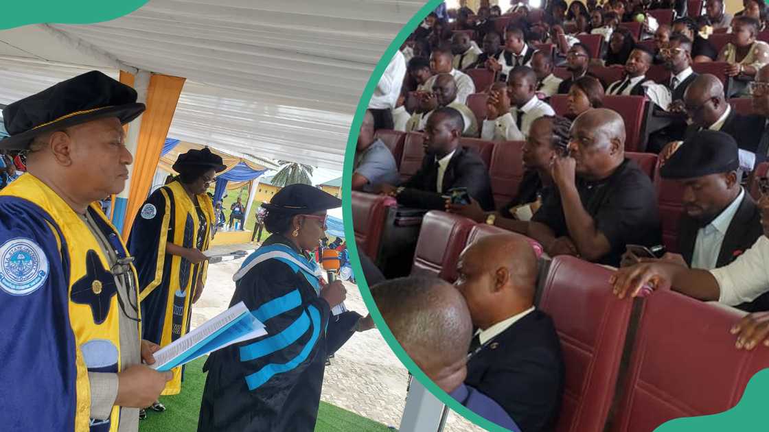 DELSU staff in academic dresses, and staff attending a conference