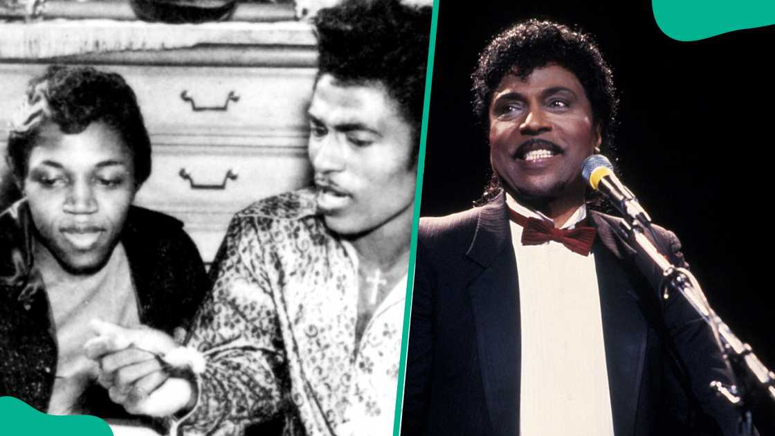 Ernestine Harvin and Little Richard sharing a moment (L). Singer Little Richard performing on stage (R) Ernestine Harvin and Little Richard sharing a moment (L). Singer Little Richard performing on stage (R)
