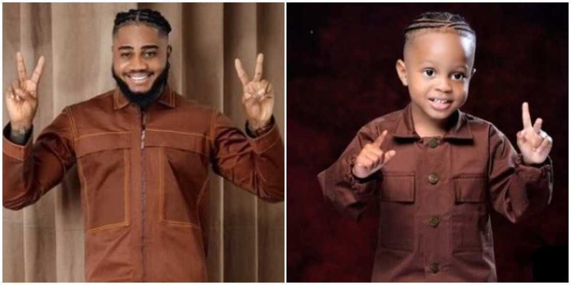 Photos of BBNaija star Praise and his son. Photos of BBNaija star Praise and his son.