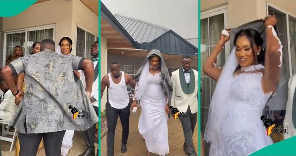 MC takes off his suit for bride to cover herself from rain