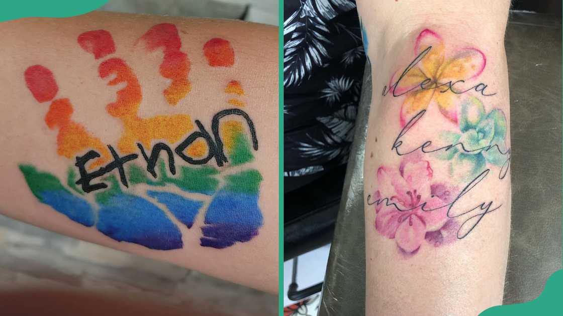 Watercolour tattoo portrait kid's name