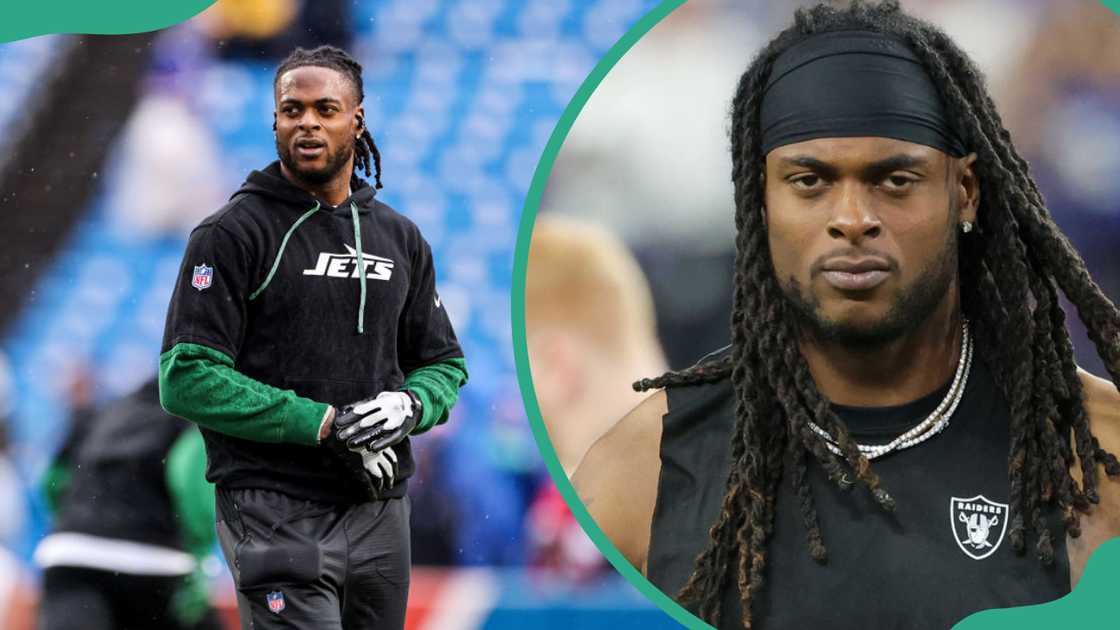 Davante Adams in Orchard Park, New York (L). Davante Adams at Allegiant Stadium in Las Vegas, Nevada (R). Davante Adams in Orchard Park, New York (L). Davante Adams at Allegiant Stadium in Las Vegas, Nevada (R).
