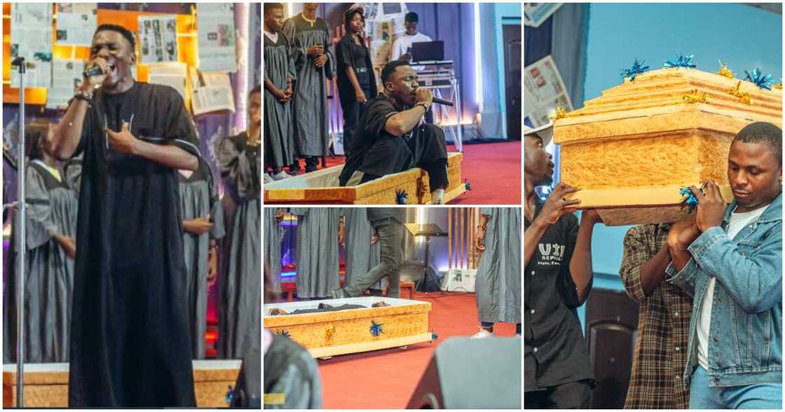 Gospel singer Samuel Oguche arrives for ministration in a coffin Gospel singer Samuel Oguche arrives for ministration in a coffin