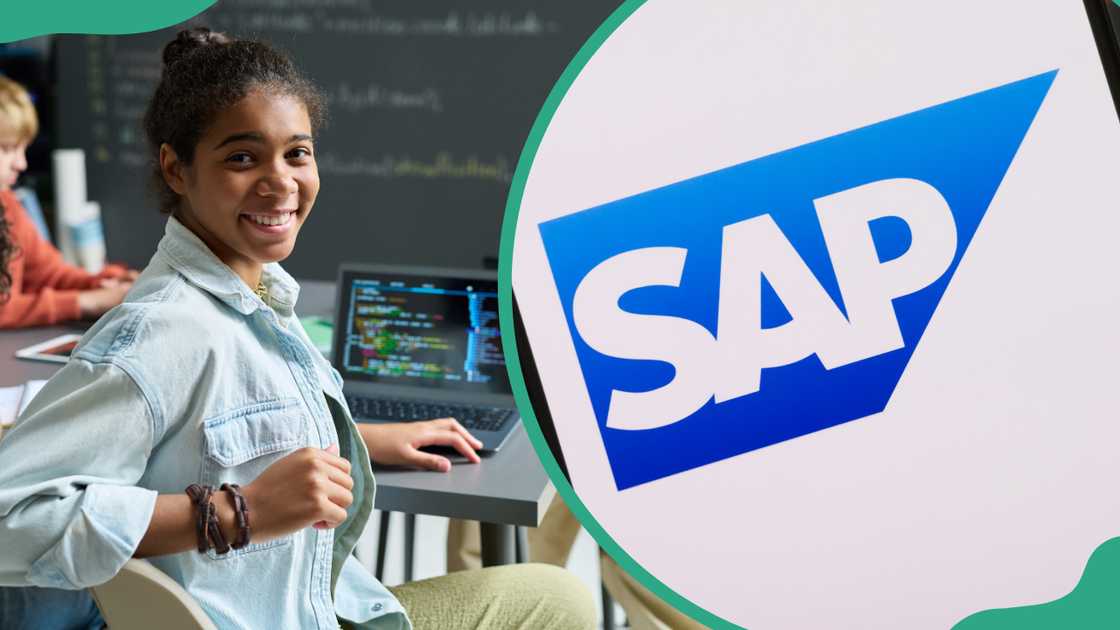 A girl in a classroom and an SAP logo