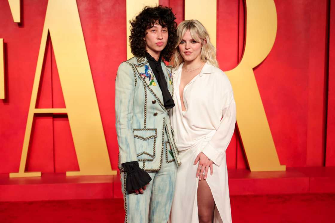 Towa Bird and Renee Rapp posing with Vanity Fair background