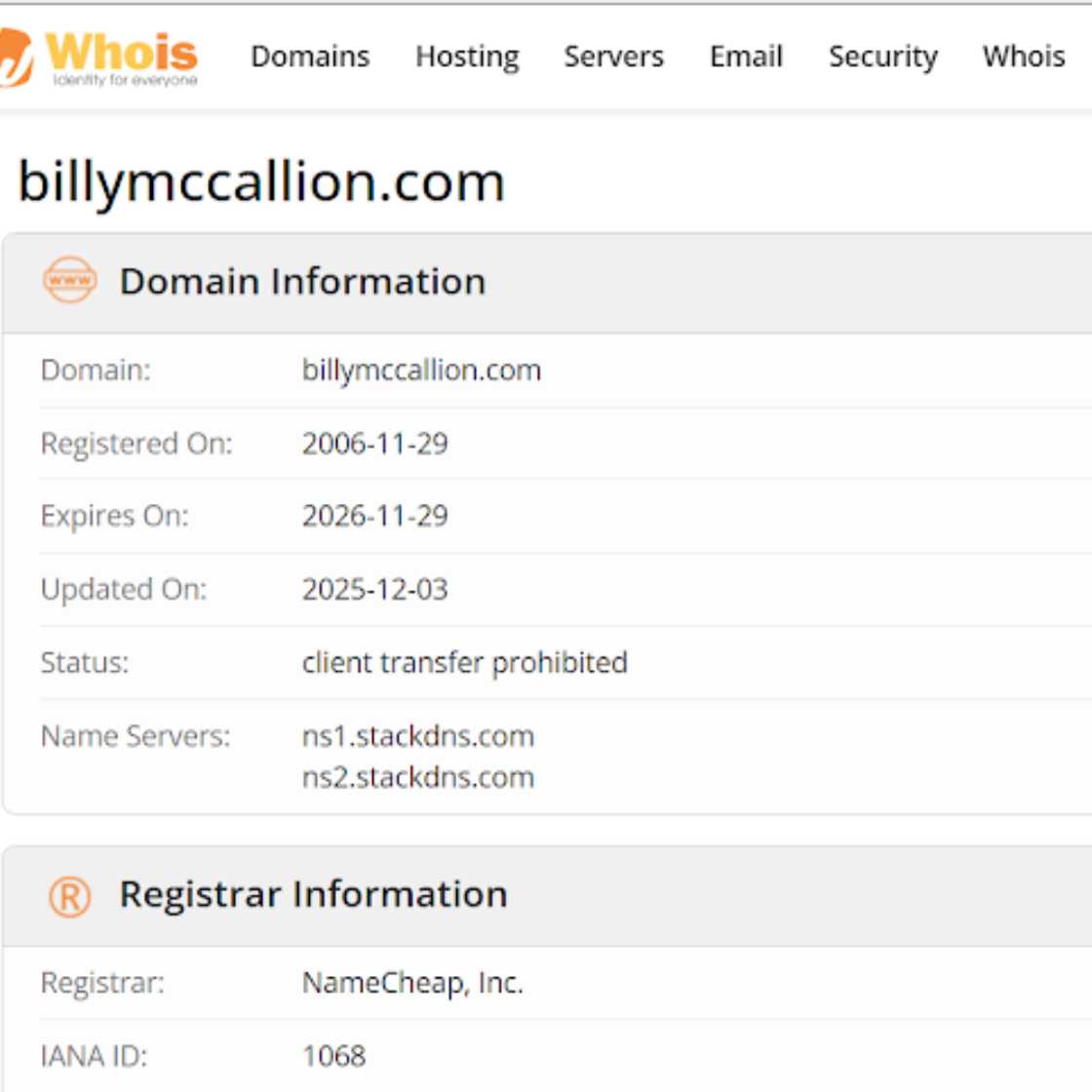 A domain registration record showing that the domain was created on November 29, 2006, last updated on December 3, 2025, and is scheduled to expire in November 2026. A domain registration record showing that the domain was created on November 29, 2006, last updated on December 3, 2025, and is scheduled to expire in November 2026.