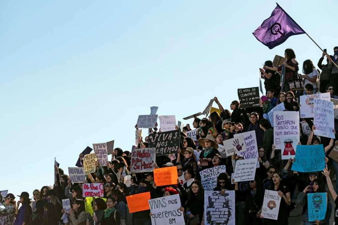 Women attend an International Women's Day demonstration in March 2020 in the Mexican border city of Tijuana, where activists are helping American women seeking abortions