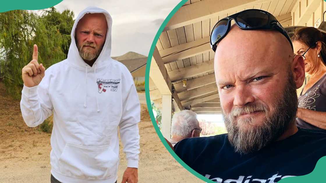 Burt Jenner posing for a picture in a white hood (L). Burt Jenner in a restaurant (R).