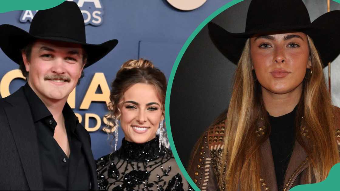 Zach standing alongside Amelia during the 58th CMA Awards (L). Amelia in a brown leather jacket (R) Zach standing alongside Amelia during the 58th CMA Awards (L). Amelia in a brown leather jacket (R)
