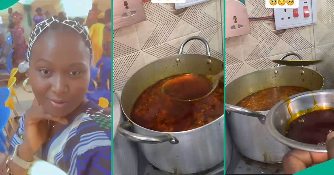 A lady who begged her husband to cook marvels at the amount of oil he used in making egusi soup. A lady who begged her husband to cook marvels at the amount of oil he used in making egusi soup.