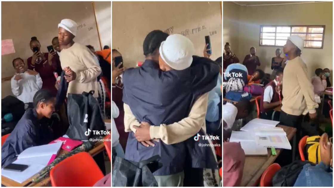 Secondary school sweethearts/boy and girl hugged in class. Secondary school sweethearts/boy and girl hugged in class.