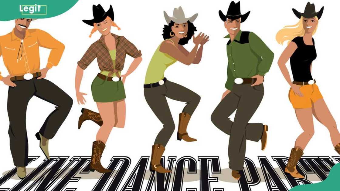 Group of cowboys and cowgirls in western country clothes dancing line dance Group of cowboys and cowgirls in western country clothes dancing line dance
