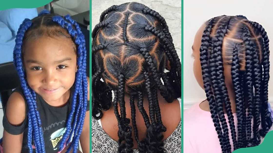 From (L-R) Blue jumbo braids, love heart shaped jumbo braids with curls, Stitched jumbo braids From (L-R) Blue jumbo braids, love heart shaped jumbo braids with curls, Stitched jumbo braids
