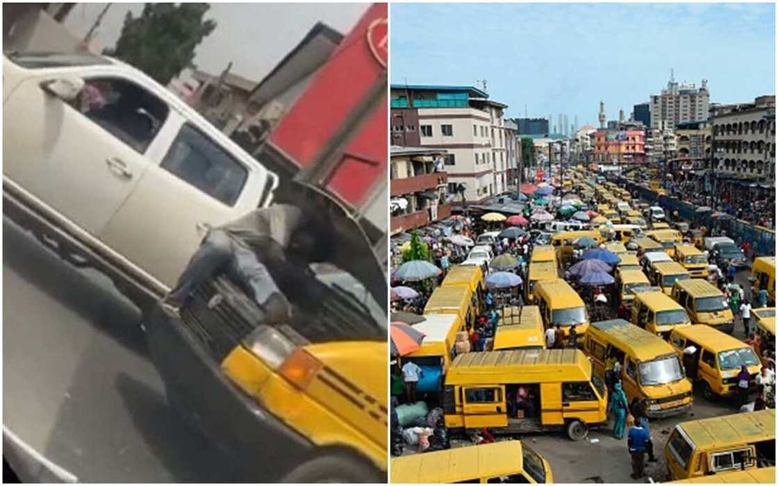 A mechanic has been seen in a video repairing a moving Danfo bus in Lagos A mechanic has been seen in a video repairing a moving Danfo bus in Lagos