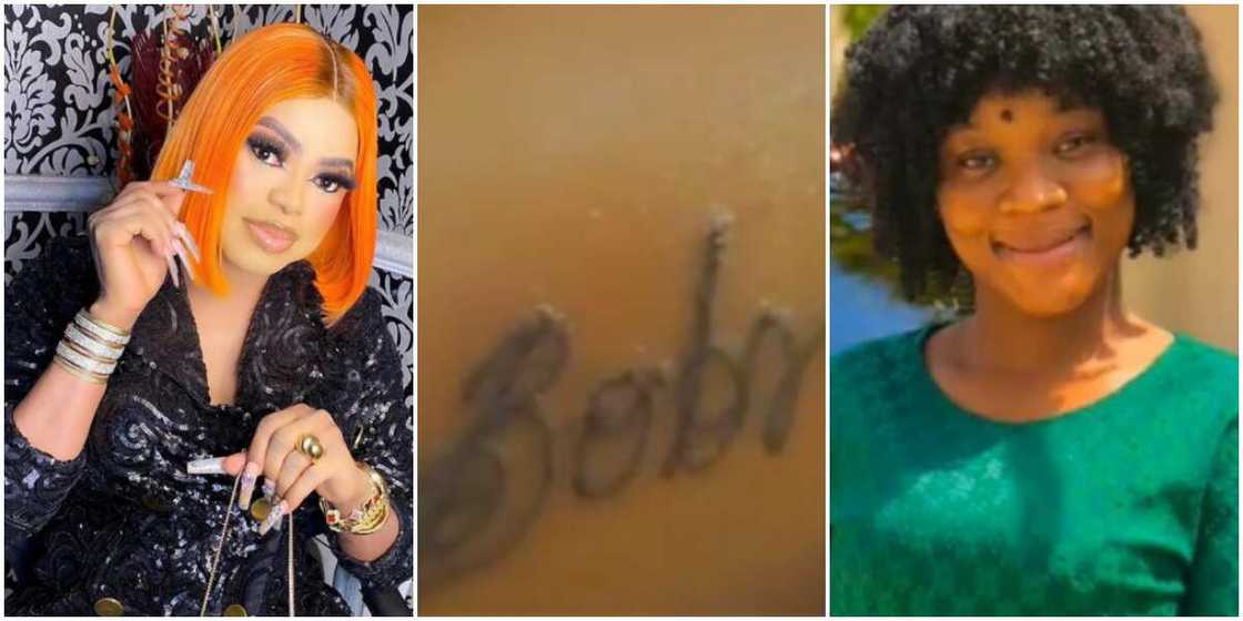 Bobrisky reacts as yet another female fan tattoos his name on her arm Bobrisky reacts as yet another female fan tattoos his name on her arm
