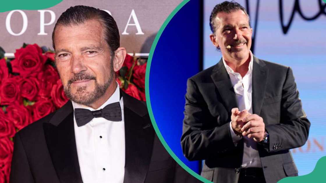 Antonio Banderas at UMusic Hotel Teatro Albeniz (L) and the 'Sin Guion' conference (R) Antonio Banderas at UMusic Hotel Teatro Albeniz (L) and the 'Sin Guion' conference (R)