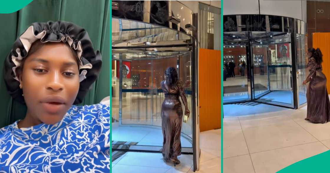 Lady struggles with revolving door at five star restaurant